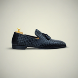 Men’s Woven Black Leather Slip-On Dress Loafers
