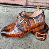 Men's Brown Crocodile Texture Leather Monk Shoes