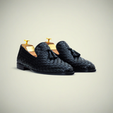 Men’s Woven Black Leather Slip-On Dress Loafers