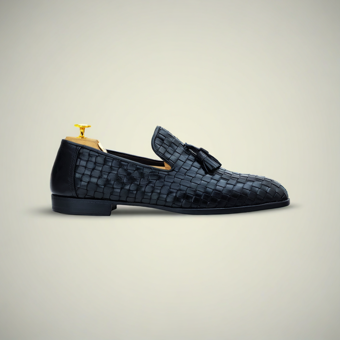 Men’s Woven Black Leather Slip-On Dress Loafers