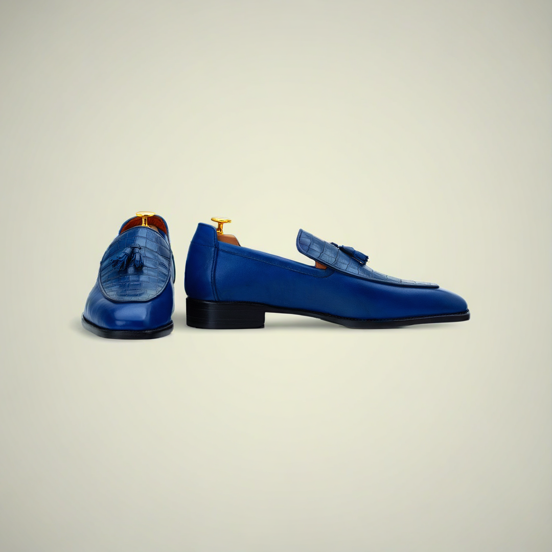Men’s Blue Crocodile-Texture Leather Tassel Loafer Shoes