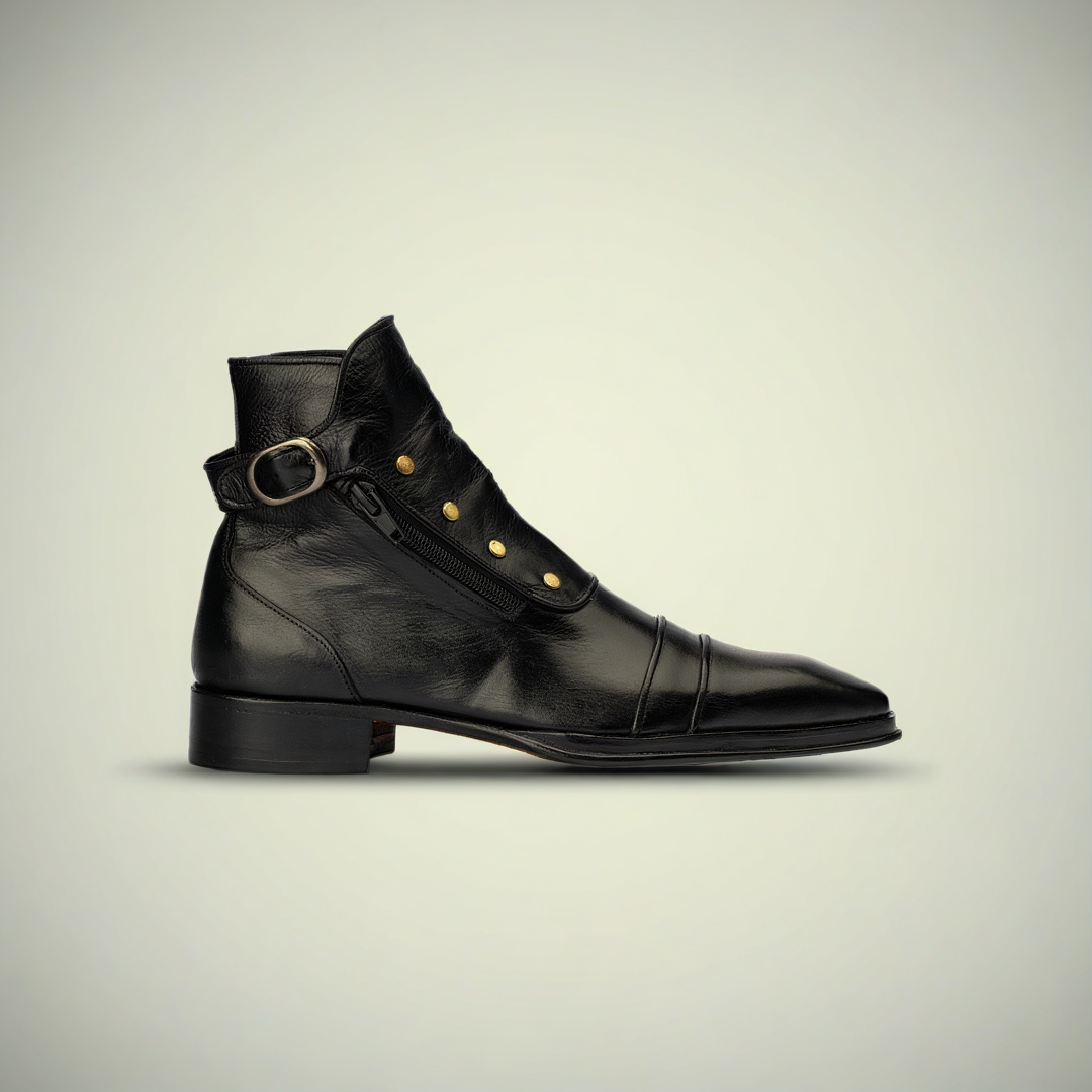 Men’s Black Patina Leather Military-Style Lace-Up Boots