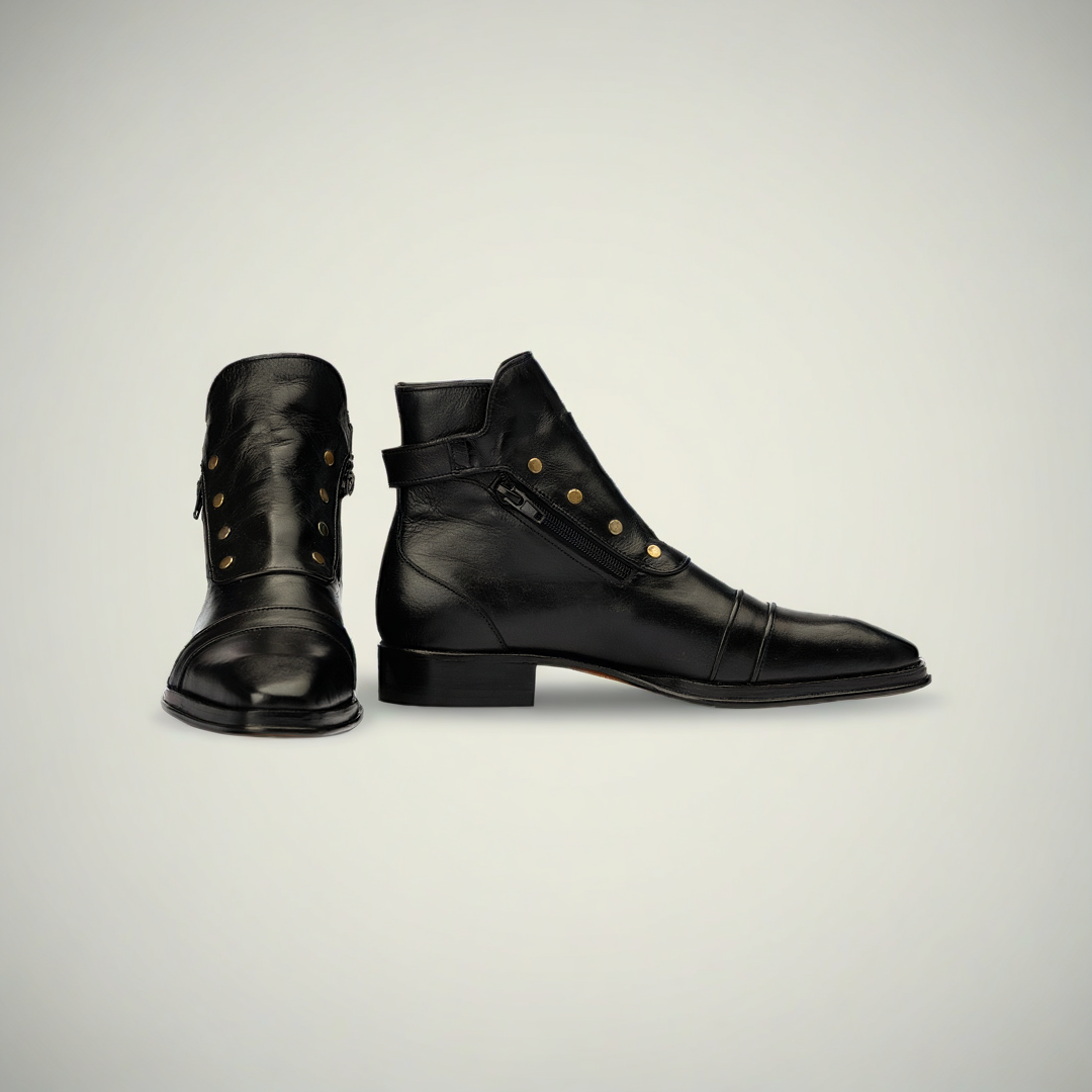 Men’s Black Patina Leather Military-Style Lace-Up Boots